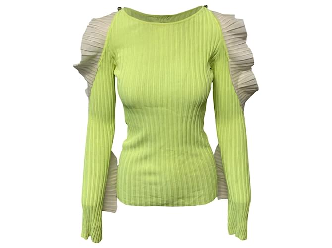 Autre Marque David Koma Cut Out Ruffled Longsleeves Knit Top in Green Rayon Cellulose fibre  ref.449284