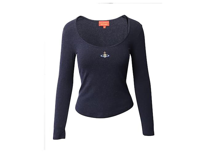 Vivienne Westwood Embroidered Long Sleeve Top in Navy Blue Viscose