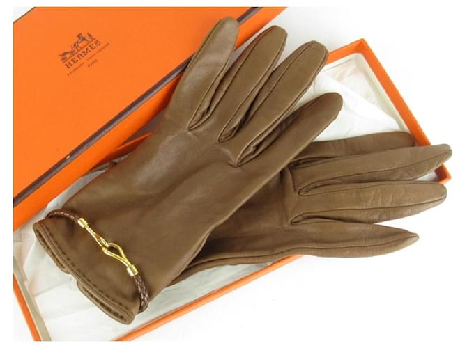 Hermès [Gebraucht] Hermes Jumbo Hook Motiv Handschuhe Handschuhe Leder Braun Made in France Mit Umkarton  ref.449552