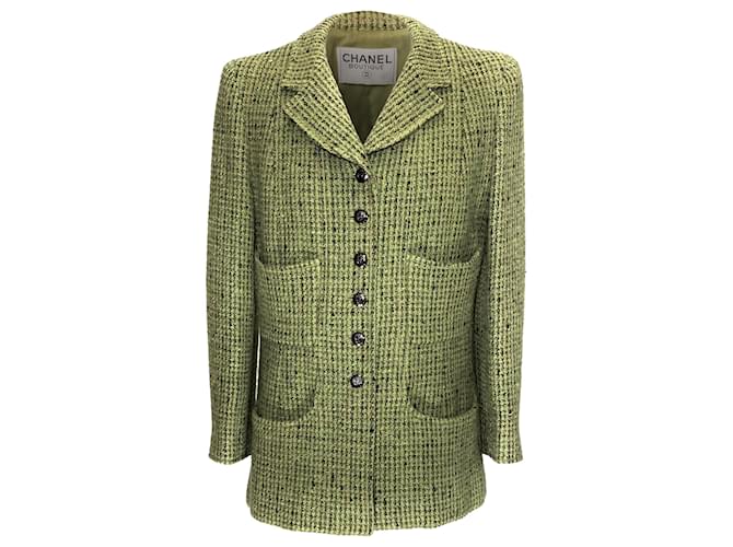 Chanel vintage jacket in green tweed with metal buttons Wool ref