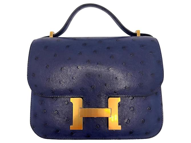 Hermès Constance Mini 18 Avestruz Azul marino Oro  ref.450632