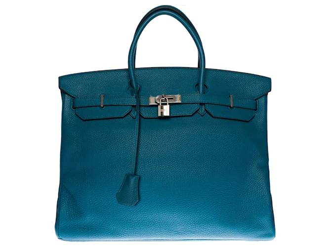 Hermès Hermes Birkin 40 cuir Togo bleu pétrole, garniture en métal argent palladium  ref.450634