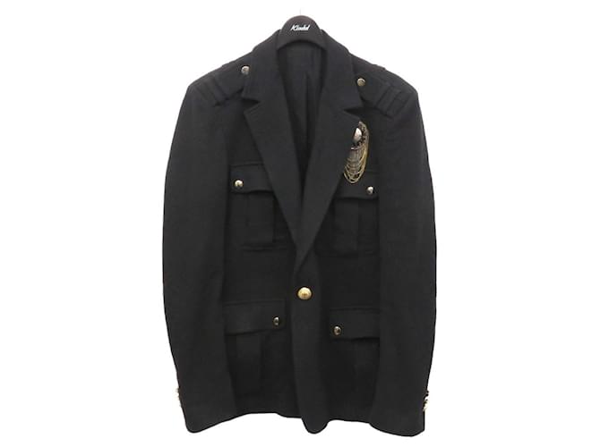 [Gebraucht] BALMAIN　 Gold Button Sweat Safari Rib Leather Taillierte Jacke Schwarz Größe: 52 [280721] (Balmaın) Tuch  ref.450696