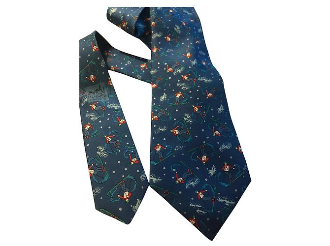 Cravatta Hermès in seta blu Lo sciatore 