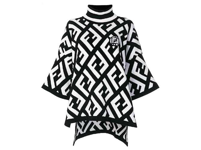 Poncho pull oversize Fendi logo FF black white Laine Blanc  ref.451083