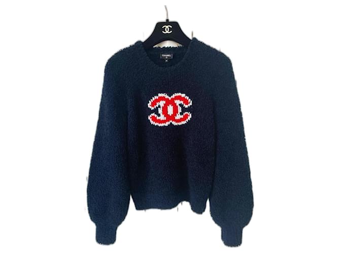 Chanel NEU 2019 CC-Teddy-Pullover Marineblau Wolle  ref.454564