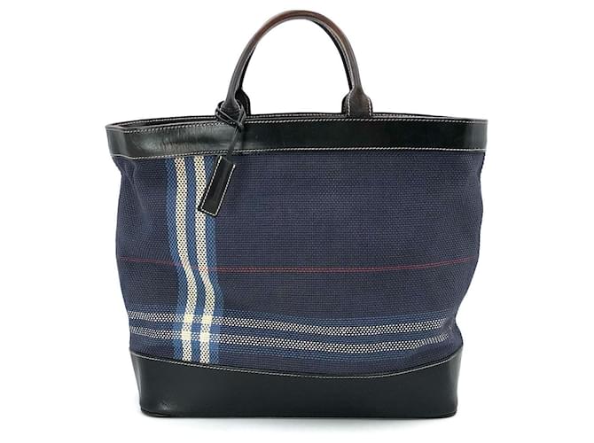 Burberry tote in navy check fabric with leather trim Blue  ref.454593