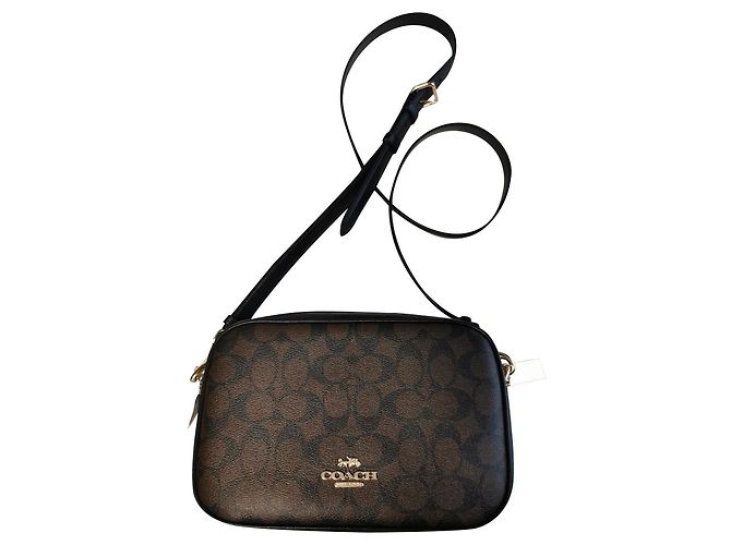 Borsa a tracolla Coach in tela e pelle nera e marrone oro Nero Marrone scuro Gold hardware