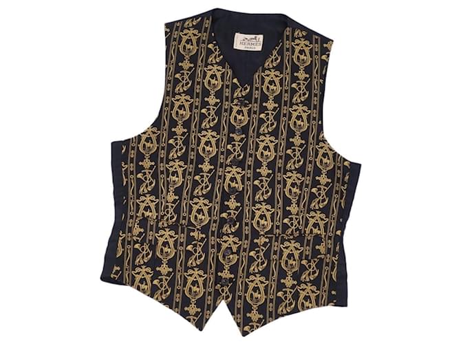 Vintage HERMES Gillet vest 100% silk Total pattern Men's tops Black Size 46  (S equivalent)