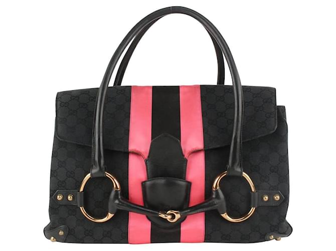 Gucci Black x Pink Monogram GG Horsebit Web Flap Bag Leather  ref.455207