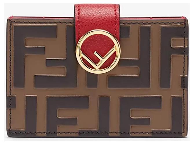 F is Fendi red leather gusseted card holder Brown ref.455263 - Joli Closet