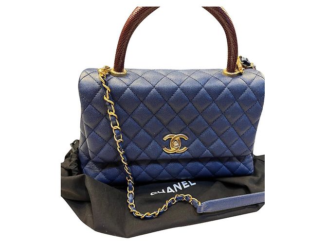 Autre Marque Borsa Chanel Coco Handle Flap Blu Navy Pelle Lizard