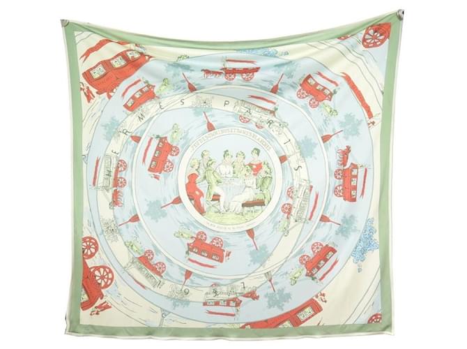 Hermès HERMES SCARF GAME OF OMNIBUSES AND WHITE LADIES JERSEY SILK SQUARE 90 SCARF Green  ref.455578