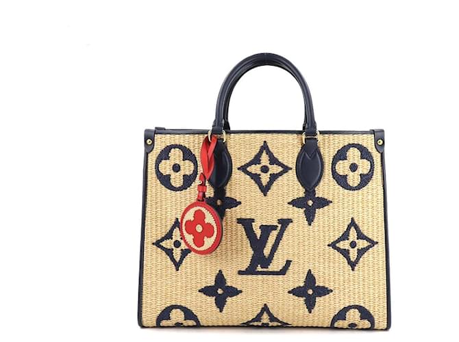 [Used] LOUIS VUITTON Monogram Raffia on the go MM 2way tote shoulder bag blue M57723 gold metal fittings Onthego MM Leather  ref.455951