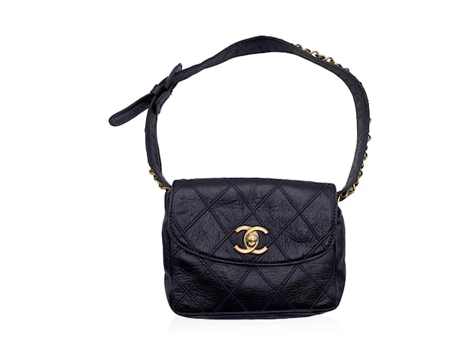 Chanel Vintage Black Quilted Leather CC Chain Belt Waist Bag  -  Joli Closet