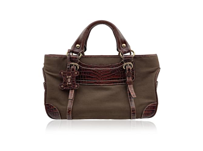 Céline Brown Canvas Leather Boogie Satchel Tote Bag Handbag Cloth  ref.456627