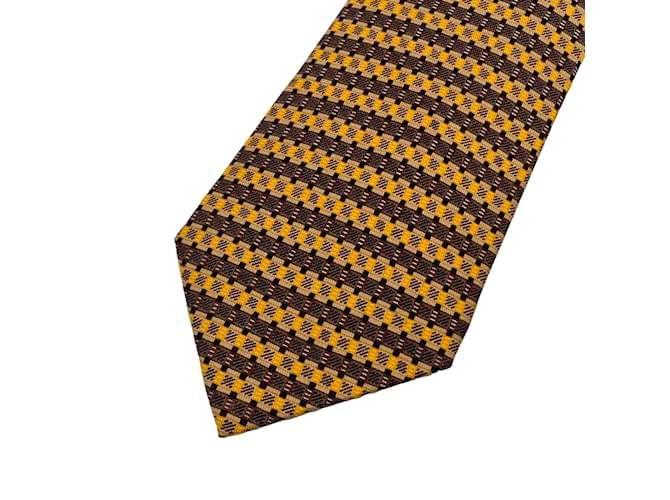 Hermès Hermes Paris Cravate à rayures en soie jaune et marron 816 EA  ref.456916