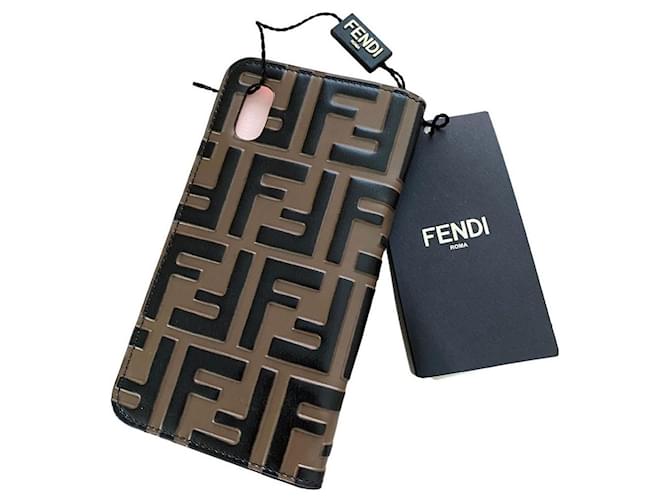 Fendi iphone cover 10 case new with flap stampa FF MAYA + NERO Brown Leather  ref.457273