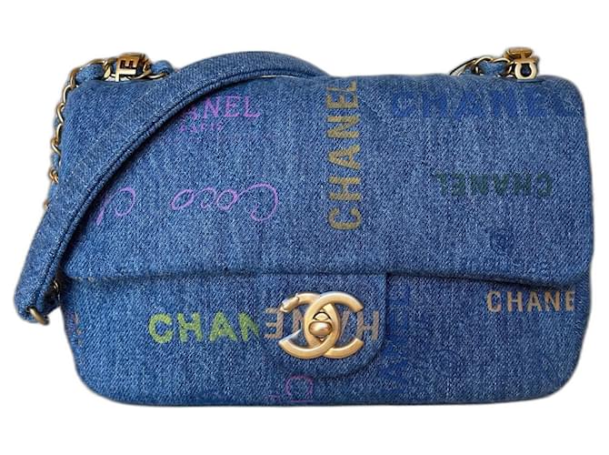 Chanel Petit sac à rabat en denim bleu Jean  ref.457317