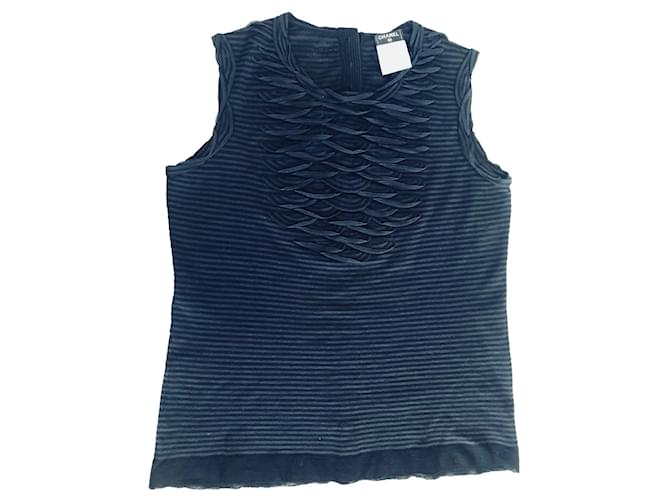 Chanel Striped Knit Top Grey Navy blue Cotton Polyamide Modal  ref.458091