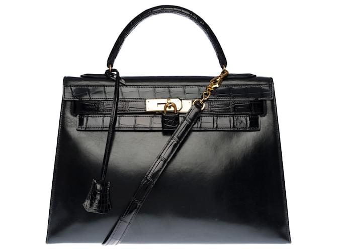 Erhabene Hermès Kelly Tasche 32 Sattler-Schulterriemen aus schwarzem Box-Leder, personalisiert mit schwarzem Mississippiensis-Alligator, vergoldete Metallverkleidung  ref.458230