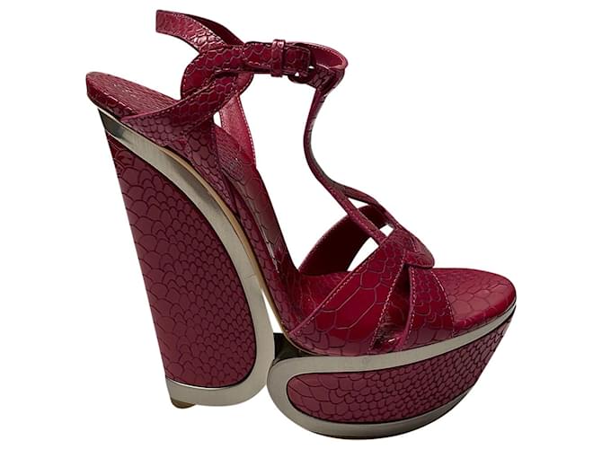 Casadei Python Embossed Wedge Sandals 155 In pink leather  ref.458620