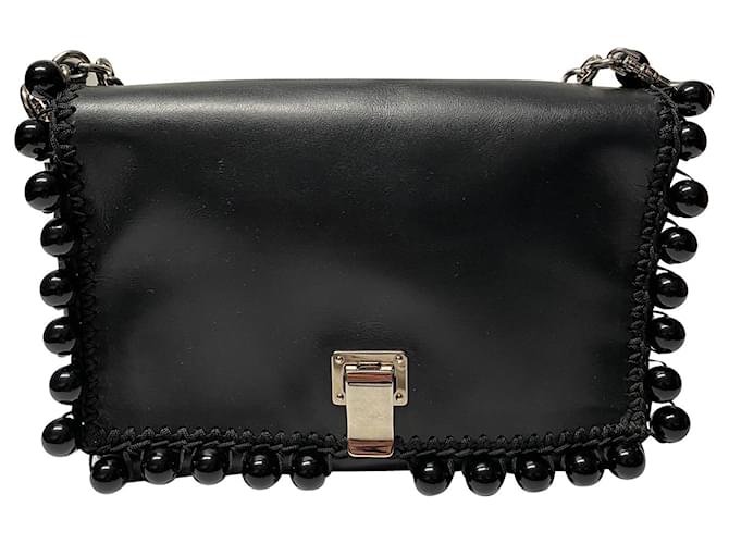 Proenza Schouler Courier Pompom Shoulder Bag in Black Calfskin Leather