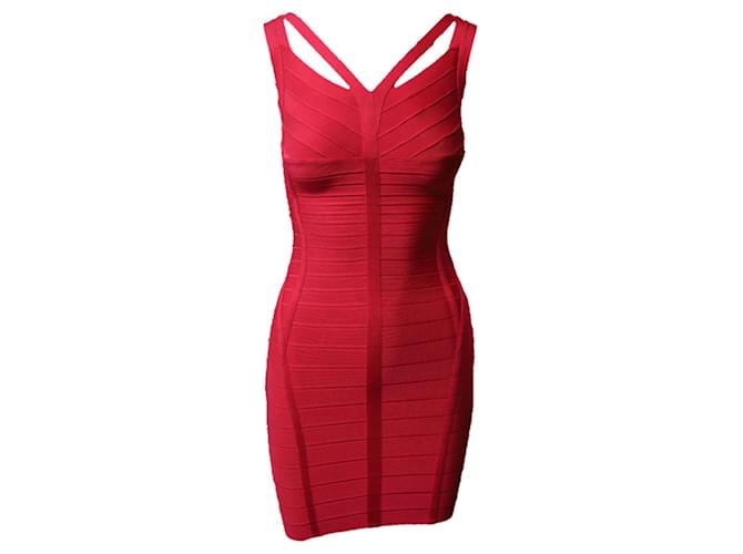 Herve Leger forrado-correa vendaje vestido en rayón rojo Roja Fibra de celulosa  ref.458769