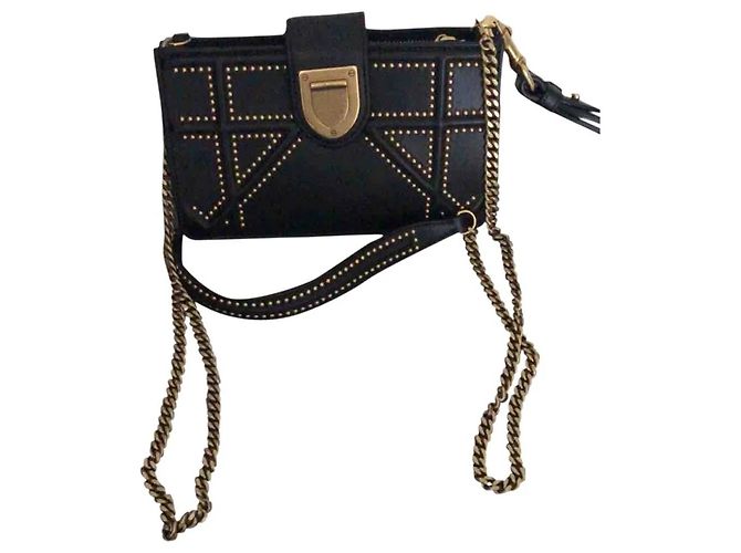 BORSA A TRACOLLA DIORAMA IN PELLE E ORO INVECCHIATO 25cm Nero