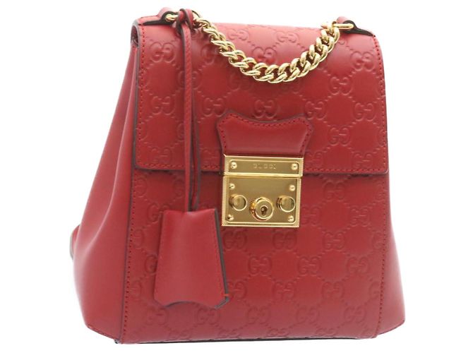 GUCCI Guccissima GG Padlock Backpack Leather Red Auth knn037