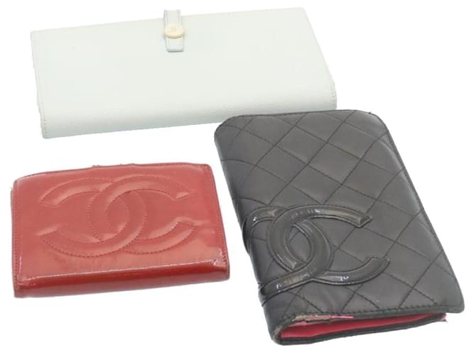CHANEL Cambon Line COCO Button Wallet Leather 3Set Beige Brown CC Auth gt1940 Black Red  ref.461683