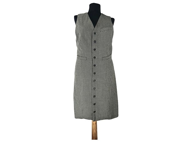 Vestido Ralph Lauren Houndstooth Cinza Lã e Rayon