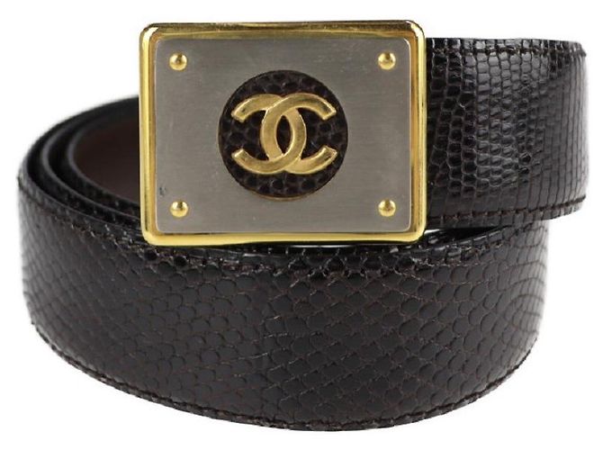 [Gebraucht] CHANEL Gürtel Eidechse Dunkelbraun Coco Mark Vintage Notation Größe 85/34 [echte Garantie]