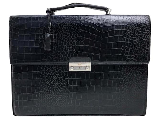 [Usado] VERSACE Versace Business Bag Medusa Croco Embossed Maletín Cuero Negro Hombre  ref.462326