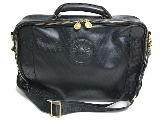 [Used] VERSACE Versace Sunburst 2WAY Handbag Business Bag Leather Men's Black Golden Metallic  ref.462328