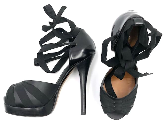 Fendi peep toe platform sandals with black ribbons Leather  ref.462470