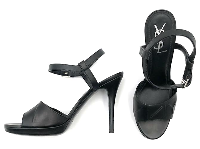 Yves Saint Laurent YSL-Sandalen aus schwarzem Leder mit geprägter Vorderseite  ref.462478