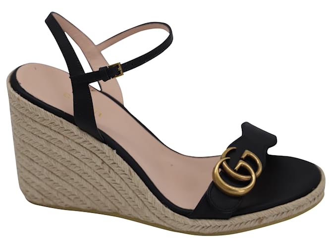 Leather Wedge Espadrille Sandals in Black - Gucci