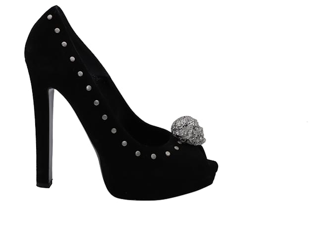Zapatos de salón con puntera abierta y adorno de calavera en ante negro de Alexander McQueen Suecia  ref.462561