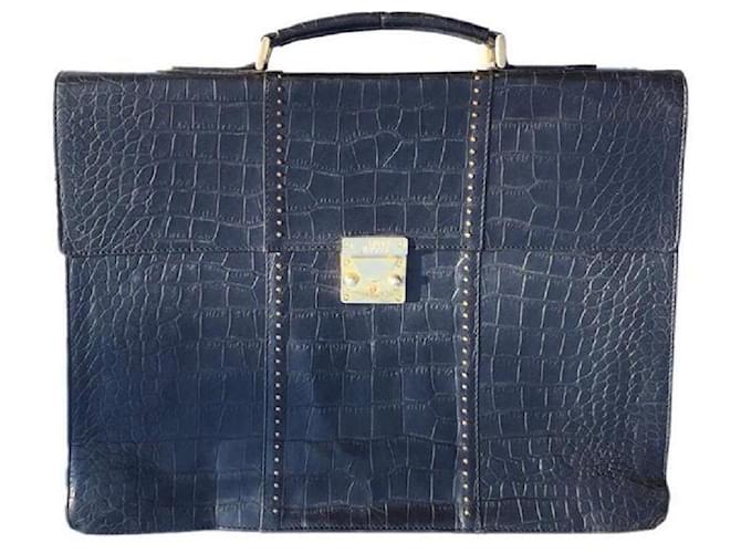 [Used] [Rare] Gianni Versace (Gianni Versace) High-quality crocodile pattern embossed leather design Men's briefcase (Business Bag) Black Golden  ref.463689