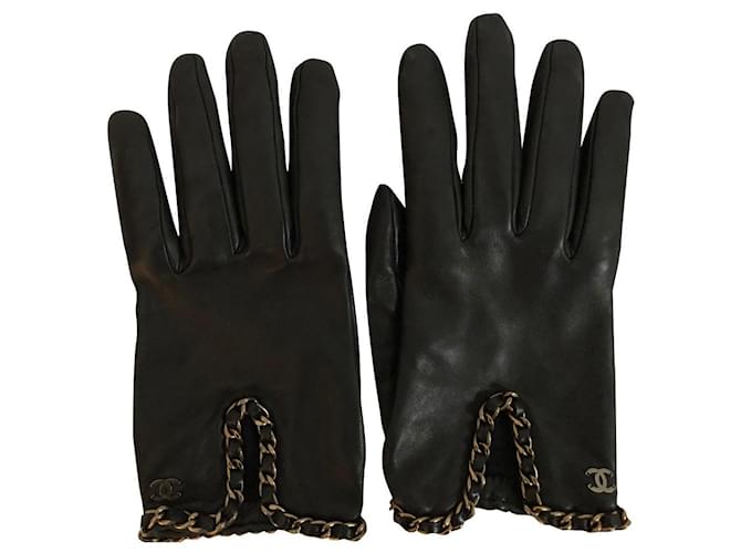 Chanel - Fingerless Chain Detail Leather Black Gloves