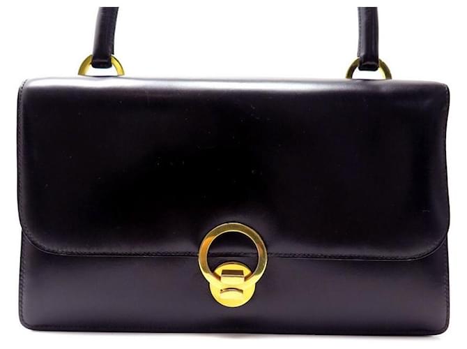 Hermès VINTAGE HERMES RING CIRCA HANDBAG 1970 BLACK BOX LEATHER HANDBAG  ref.464697