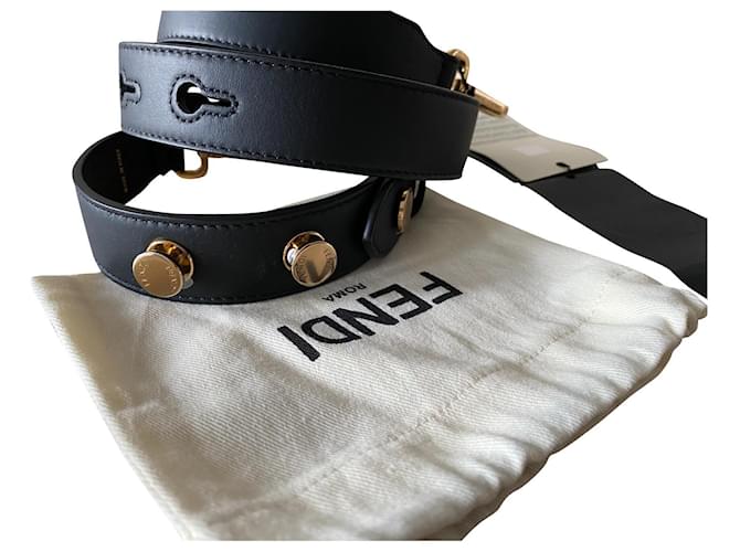 Nuovo cinturino con manico della borsa fendi STRAP YOU nero e oro D'oro Pelle  ref.464819
