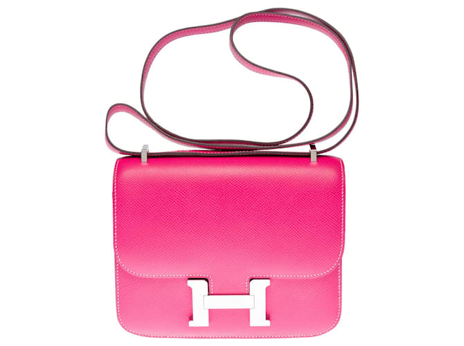 Esplêndida e rara bolsa tiracolo Hermès Constance Mini em couro Tyrian Rose epsom, guarnição de metal prata paládio Rosa  ref.466207