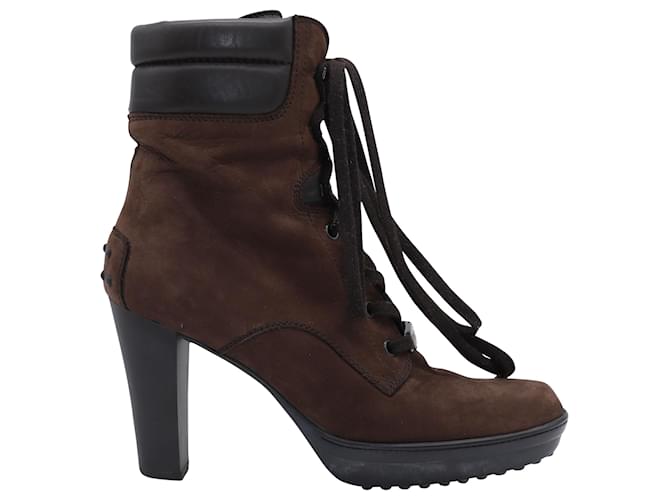 Tod's Aspen Penny Lu Lace Up Heeled Boots in Brown Suede Nubuck  ref.466254