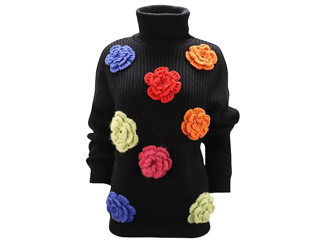 Autre Marque Boutique Moschino Turtleneck Sweater with Flower Embellishment in Black Acrylic  ref.466272