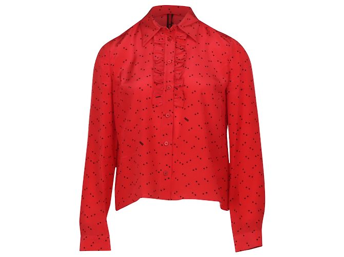 Miu Miu Blusa de bolinhas com babados em seda vermelha Vermelho