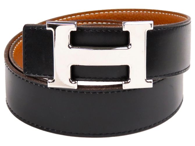 Hermès Cinturón de cuero Hermes Constance negro Plata