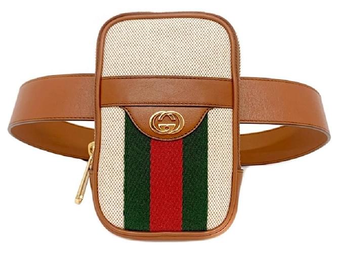 [Used] Gucci belt bag brown beige shelly 581519 waist pouch canvas leather GUCCI unused new GG interlocking 40mm fastener pouch belt natural color vintage mini bag with leather logo green red box Present Genuine appraised  ref.466550