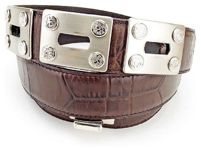 [Used] Gianni Versace GIANNI VERSACE Belt ♯80 32 size Women's Men's Available Medusa Button Dark Brown x Silver Embossed Leather x Silver Metal Fittings [Gianni Versace] T2239 Silvery  ref.466631